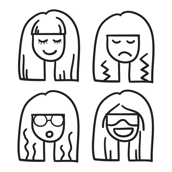 Woman face vector icon hand drawn doodle illustration black lines, nice hair girl eyes close — Stock vektor