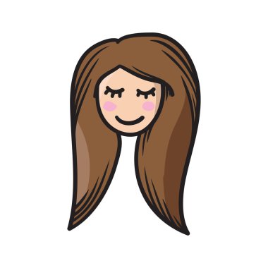 Kadın yüz vektör simge elle çizilmiş doodle resimde siyah çizgiler, kahverengi saçlı kız gözleri kapalı