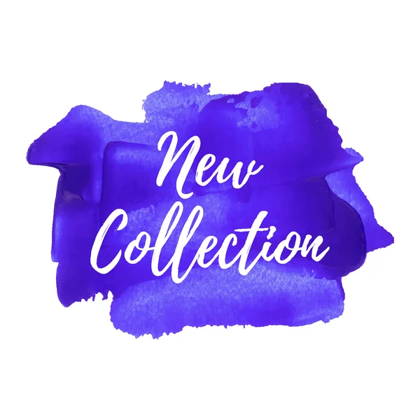 Nova coleção vetor cartão, cartaz, logotipo, palavras, texto escrito em violeta pintado fundo ilustração . —  Vetores de Stock