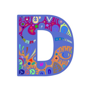 D harfi el çizilmiş doodle tarzı kelime renkli yazı