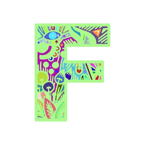 Lettera F disegnato a mano doodle stile lettering parola colorata — Vettoriale Stock