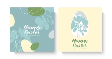 Minimalist bayram tebrik kartlarının Paskalya yumurtaları ve çiçekleriyle dolu mutlu Paskalya vektörleri.