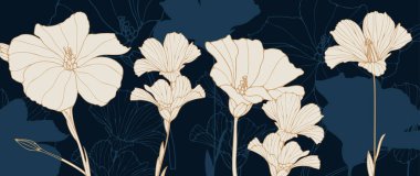 Koyu mavi arka planda altın çiçekli ve botanik. Altın çizgili zarif egzotik bitkiler afiş, baskı, dekorasyon, duvar sanatı.