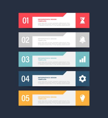 Beş aşamalı modern dikey bir bilgi. Veri görselleştirme şablonu, adım adım talimatlar, yıllık raporlar.