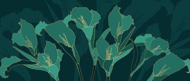 Şatafatlı koyu yeşil botanik arka planı ve altın renkli konserve çiçeği. El çizimi soyut çizimi