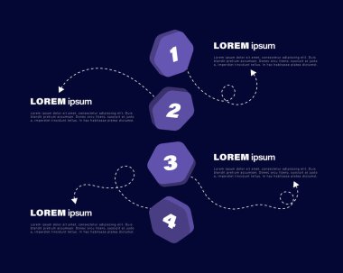 3D dikey bilgi şablonu ve izometride altıgenler. Oklu 4 aşamalı bilgi işleme şablonu