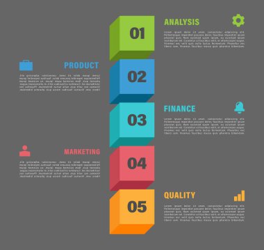 Beş adım işlemeli renkli 3D küp dikey bilgi şablonu. Gri arkaplanda veri görselleştirme düzeni