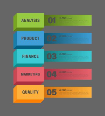 Beş adımlı dikey üç boyutlu şablon. Veri görselleştirmesi için Isometric bilgi düzeni.