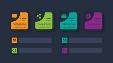 Veri görselleştirmesi için koyu mavi vektör yatay bilgi düzeni. Rapor veya sunumlar için dört adım şablonu.