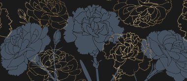 Altın karanfil çiçekli lüks çiçek tasarımı. Dekor, duvar kağıdı veya kapaklar için el çizimi botanik çizimi.