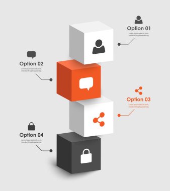 İkonlar vektör dikey bilgi şablonuna sahip 3D küpler. Veri görselleştirme, iş stratejisi ve yıllık raporlar için minimalist düzen.