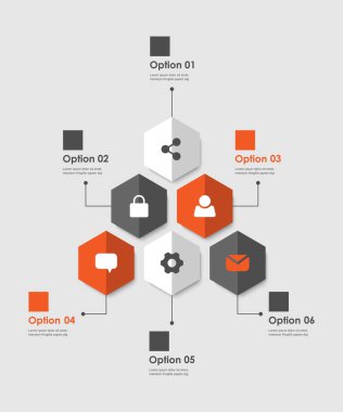 İş portföyü için altıgen vektör şablonu. Pazarlama konsepti, sunumlar için maket. Altı adım dikey bilgi grafiği şablonu