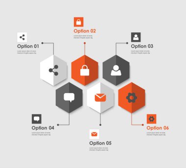 Altıgenler modern bilgi grafikleri düzeni. İş sunumu, pazarlama kavramı, geliştirme ve büyüme.