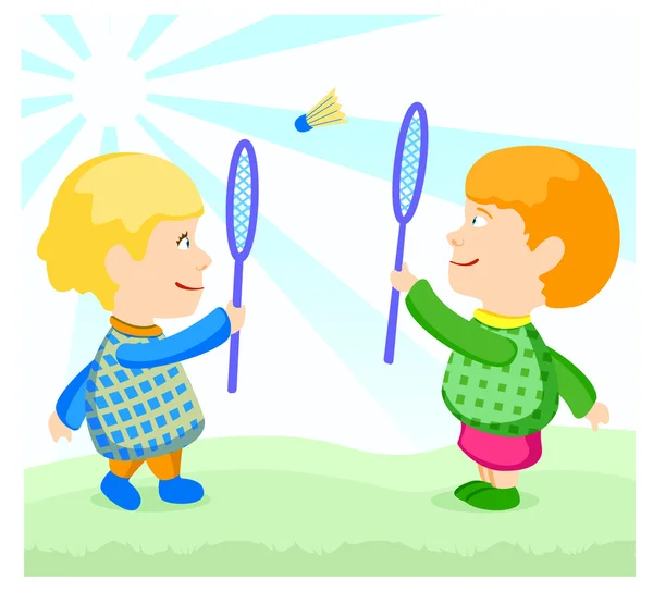 Los niños juegan bádminton — Vector de stock