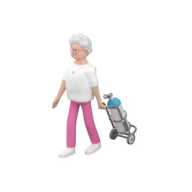 Oksijen tankıyla yürüyen son sınıf kadın karakter. Yaşlı bir kadın taşınabilir oksijen ünitesini çekiyor.