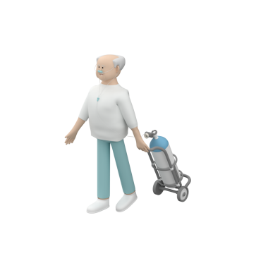 Oksijen tankıyla yürüyen yaşlı erkek karakter. Yaşlı erkek taşınabilir oksijen ünitesini çekiyor.