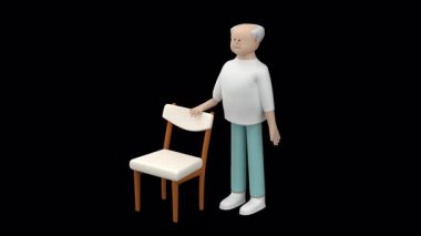 Ayakta duran son sınıf bir adamın canlandırması. Sandalye, alfa kanalı, 3D görüntüleme kullanarak denge egzersizi yapan yaşlı erkek karakter