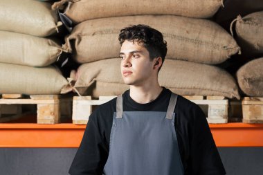 Depoda kahve poşetlerine karşı önlük giymiş genç bir erkeğin portresi. 