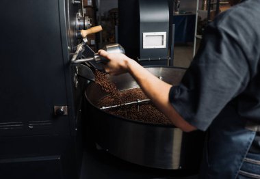 Tanınmayan bir işçi kahve makinesinin kapısını taze kavrulmuş fasulyelerle açıyor. Kavrulan kahve üretim makinesinin çalışanı..