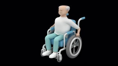 Tekerlekli sandalye iten yaşlı bir adamın animasyonu. Gri saçlı bir erkek engelli ekipmanı kullanarak hareket ediyor. 3D görüntüde alfa kanalı var.