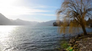 Göl Traunsee ve Schloss Kalesi Ort bir sıcak bahar sabahı üst Avusturya