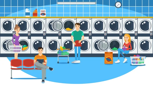 Människor tvätta kläder i en tvättstuga — Stock vektor