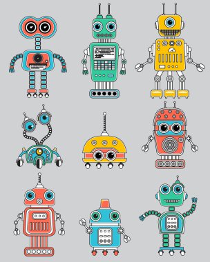 Renkli kesme retro robotlar seti.