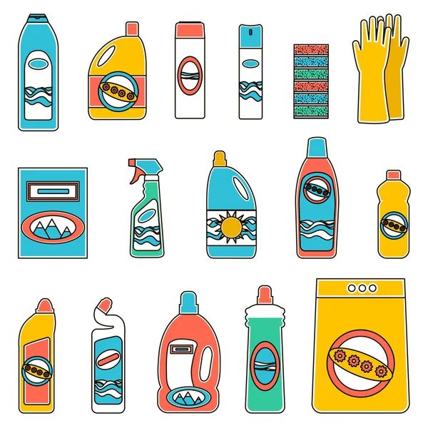 Grupo de botellas de productos químicos para el hogar sobre fondo blanco . — Vector de stock