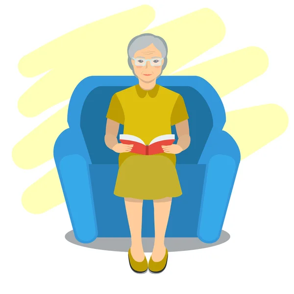 Ilustrasi nenek membaca buku di kursi - Stok Vektor