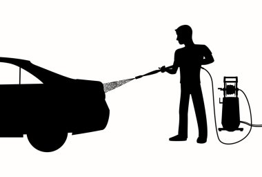 Silhouette of Man washing a car clipart