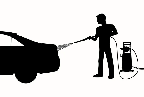 Silueta del hombre lavando un coche — Vector de stock