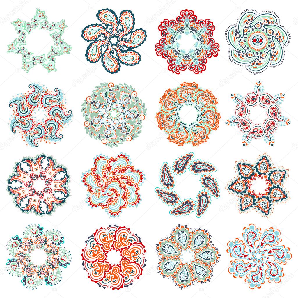 Vector set of colorful round patterns, mandalas. Yoga logos geometric circle element. Decorative floral ornaments. Oriental flourish design
