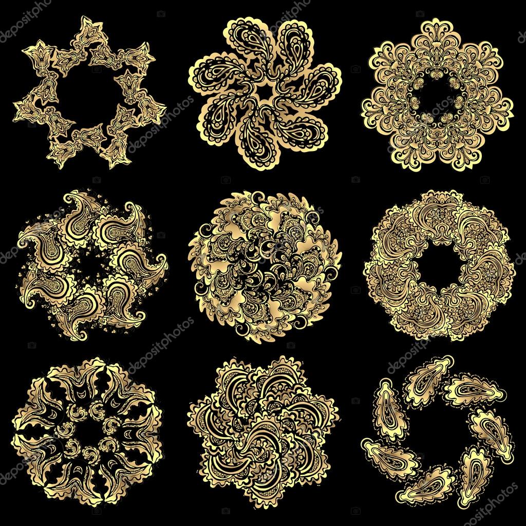 Vector set of gold round patterns, mandalas. Yoga logos geometric circle element. Decorative floral ornaments. Oriental flourish design