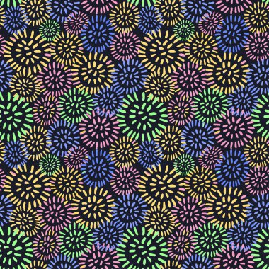 Renkli elle kusursuz bir desen çizilmiş soyut yuvarlak elementler, karalamalar