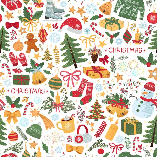 Fondo inconsútil colorido con ilustraciones coloridas de artículos de Navidad — Vector de stock