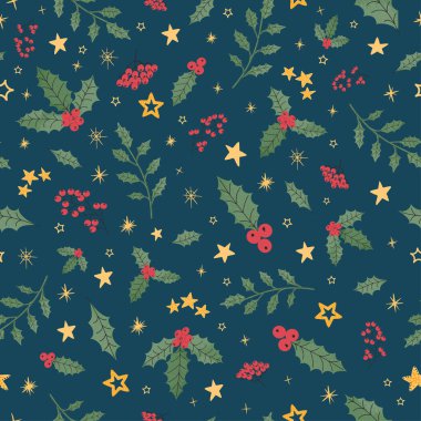 Seamless background with colorful hand draw illustration of christmas holly clipart