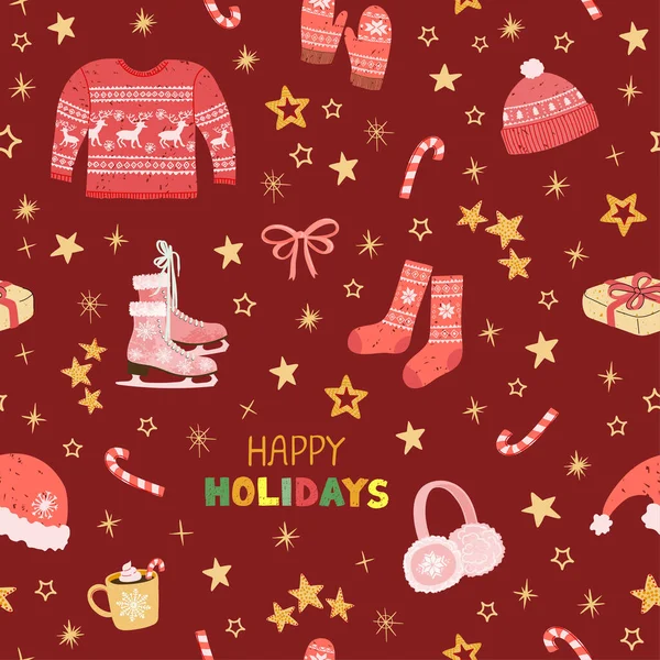 Барвистий безшовний фон з яскравими ілюстраціями різдвяних виробів. — стоковий вектор