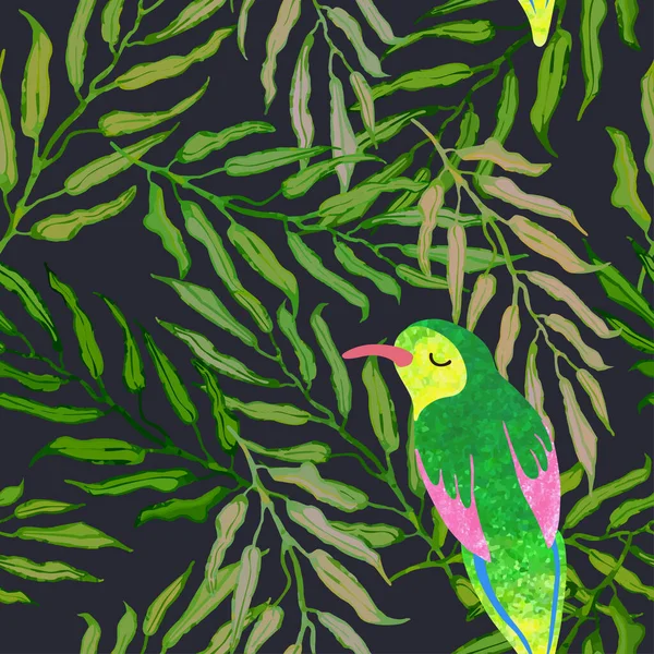 Απρόσκοπτη φόντο με φύλλα φοίνικα και πτηνά — Διανυσματικό Αρχείο