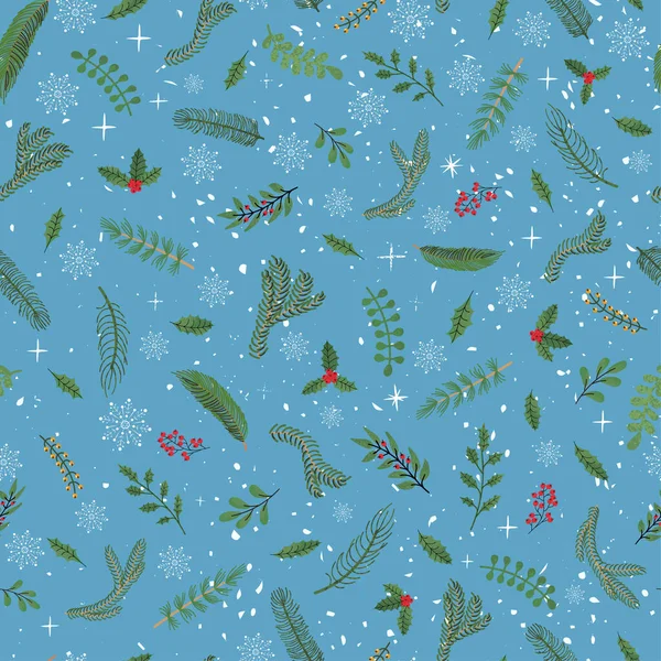 Fondo sin costuras con ilustración colorida del dibujo de la mano de las plantas de Navidad — Vector de stock