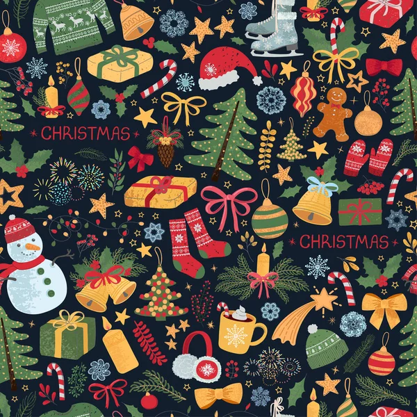 Fondo inconsútil colorido con ilustraciones coloridas de artículos de Navidad — Vector de stock