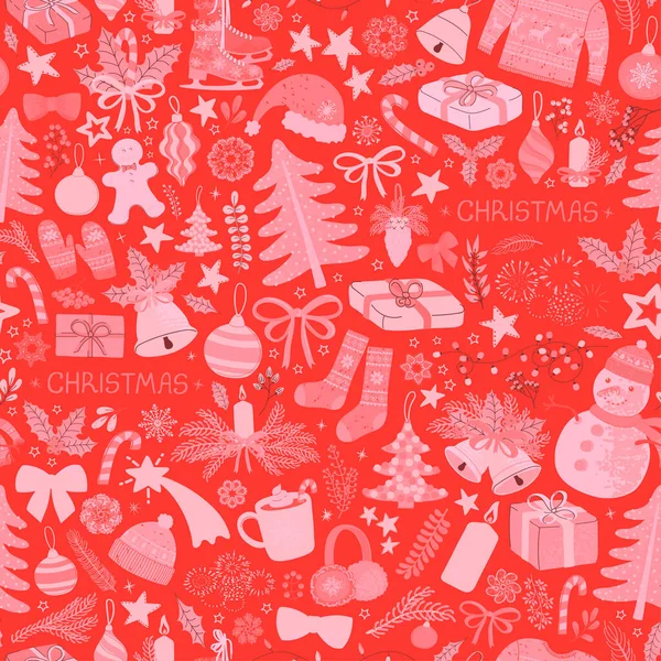 Färgglada sömlös bakgrund med färgglada illustrationer av julen objekt — Stock vektor