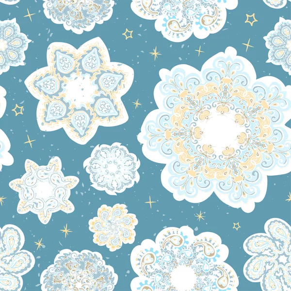 Fond sans couture avec illustration colorée dessinée à la main de flocons de neige — Image vectorielle