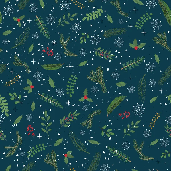 Fondo sin costuras con ilustración colorida del dibujo de la mano de las plantas de Navidad — Vector de stock