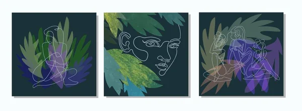 Набор с коллажем современных плакатов с абстрактными формами, экзотическими листьями и одной строкой иллюстраций женского тела — стоковый вектор