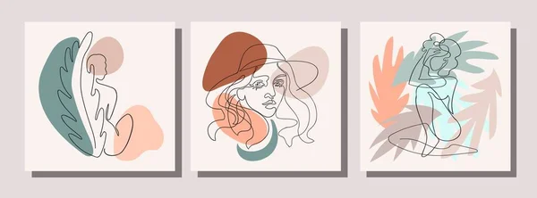 추상적 인 모양, 이국적 인 잎, 여성의 몸을 그린 한 줄의 삽화가 들어 있는 현대의 콜라주 포스터 — 스톡 벡터