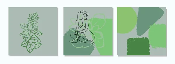 Set s koláží moderní plakát s abstraktními tvary a jeden řádek ilustrace ženské tělo — Stockový vektor