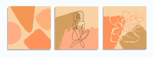 Набір з колажем сучасний плакат з абстрактними формами та однією лінією ілюстрацій жіночого тіла — стоковий вектор