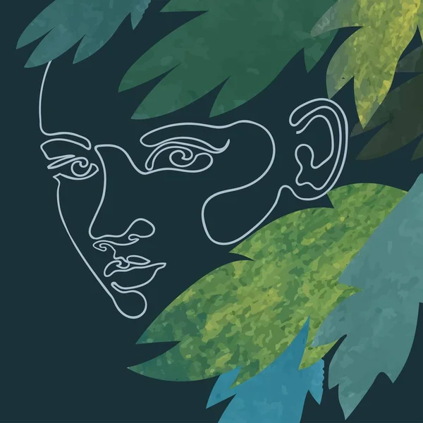 Gambaran luar dari wajah wanita dengan daun eksotis - Stok Vektor