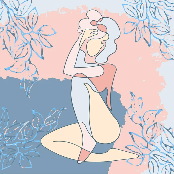 Esquema ilustración de la mujer sobre fondo colorido con ilustración floral — Vector de stock