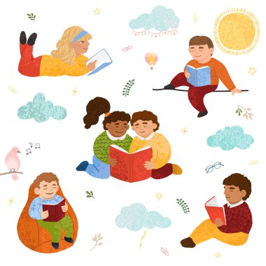 Renkli çocuklar kitap okuyor.